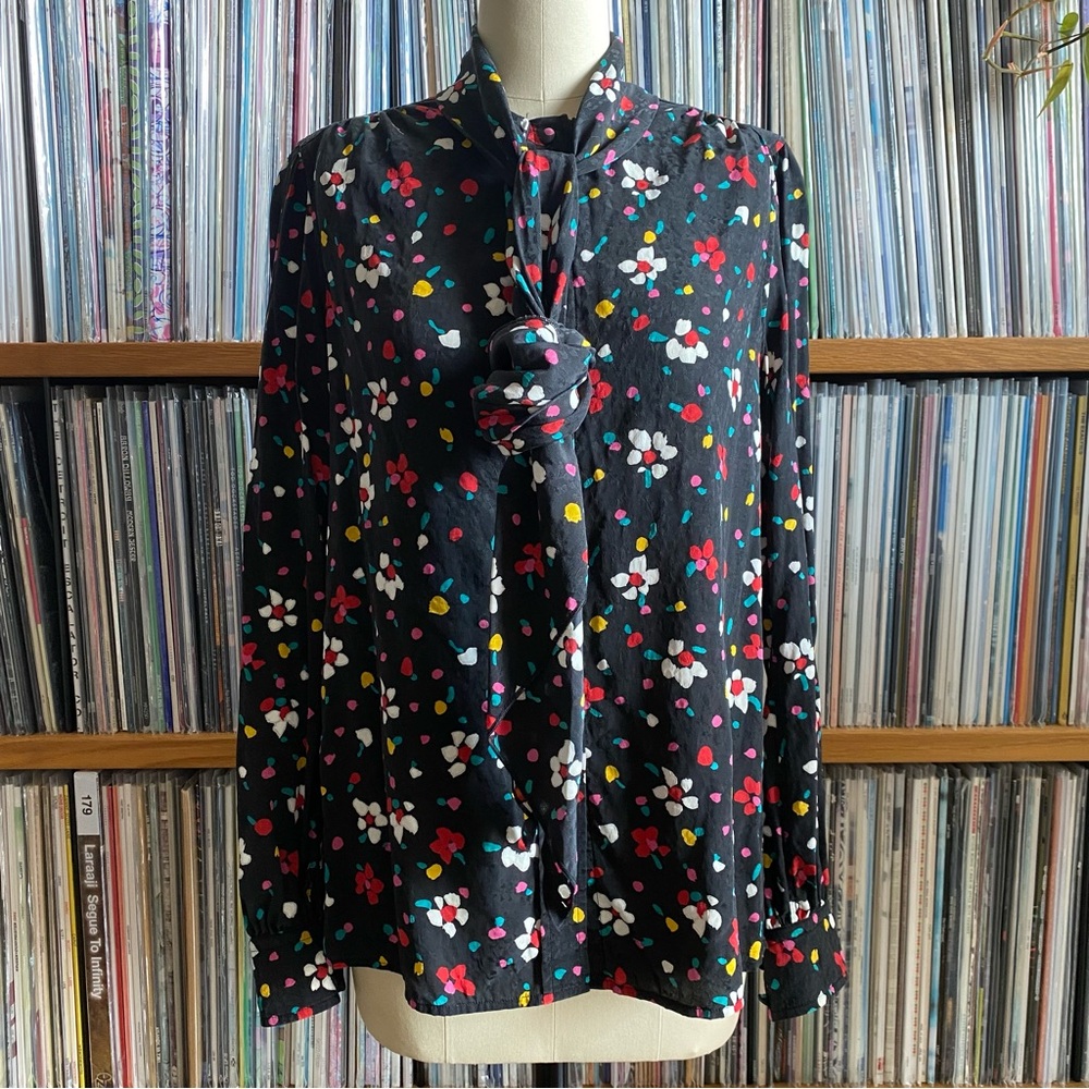 Marc Jacobs Black Floral Tie-Neck Blouse with Multicolor Dots